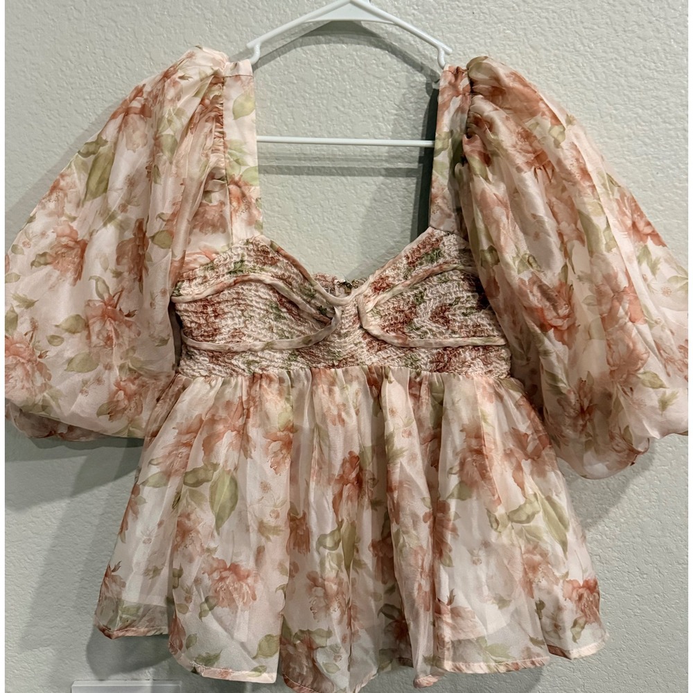 Sofie the Label Floral Organza Puff Sleeve Peplum Top Pink Green Medium Smocked